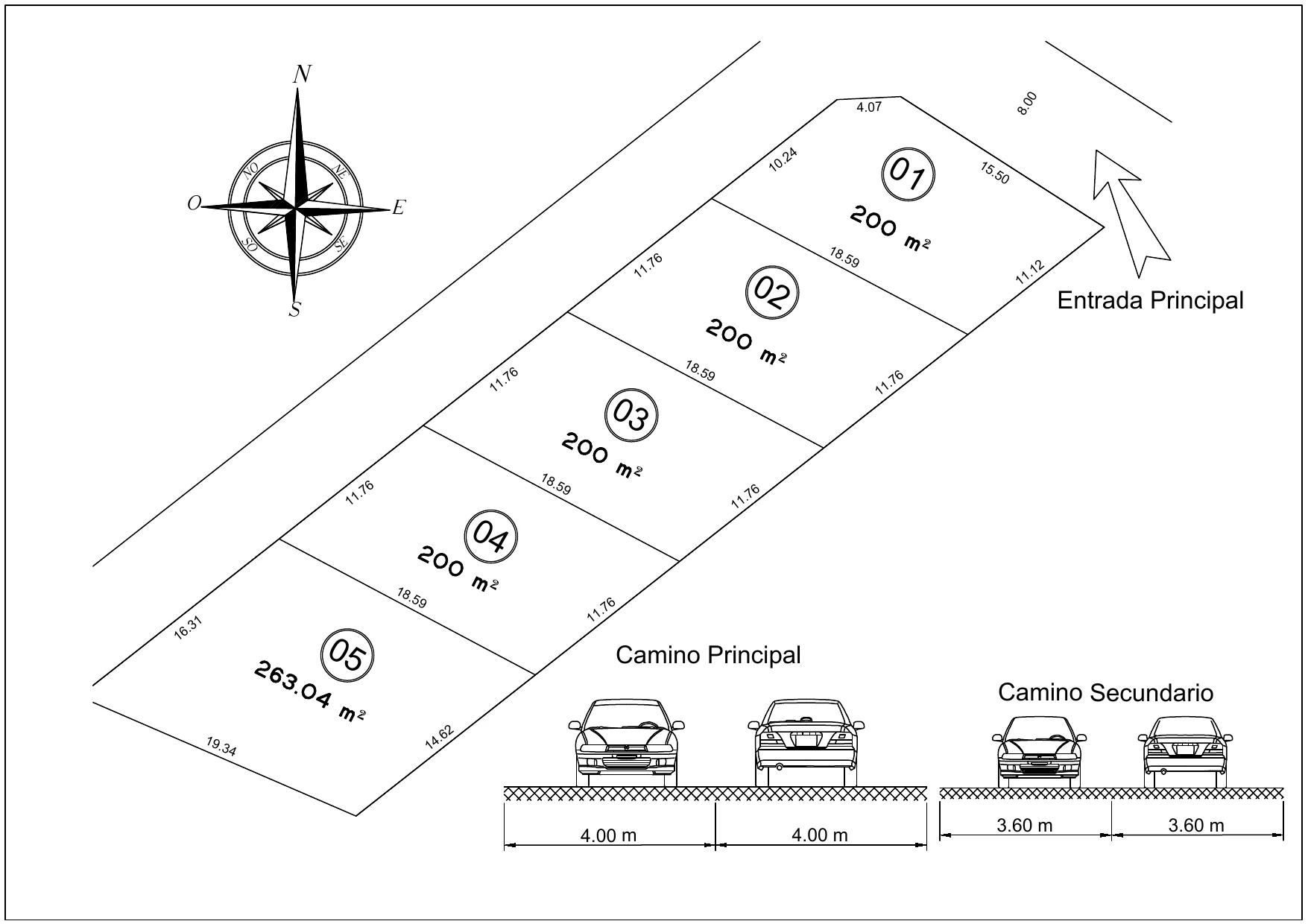Plano de Los Pacaes II con cuatro lotes de 200 metros cuadrados y uno de 263.04 metros cuadrados
