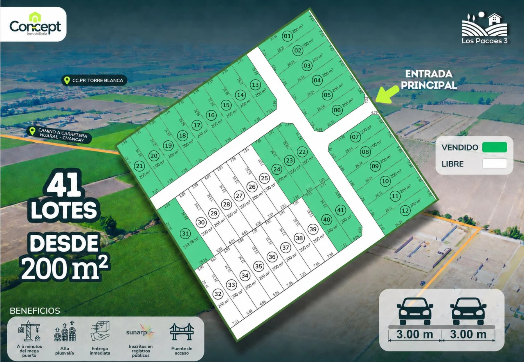 Plano de disponibilidad de Los Pacaes III con 41 lotes y acceso principal